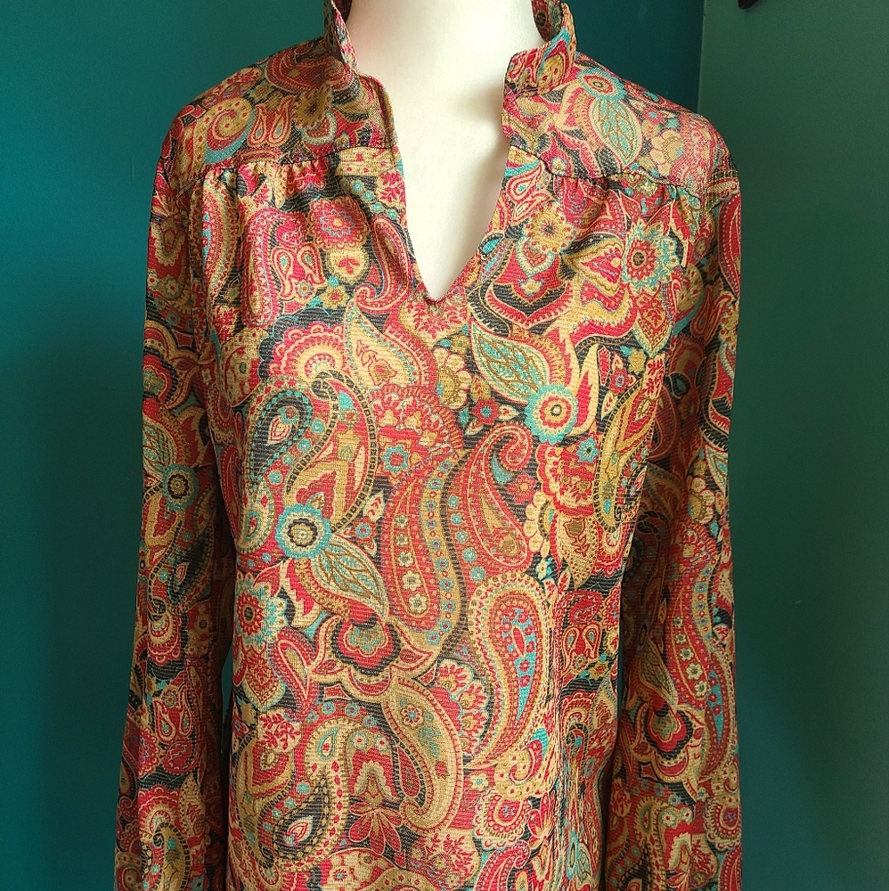 Vintage 1970s metallic lurex top, sheer, size medium size large, paisley, disco